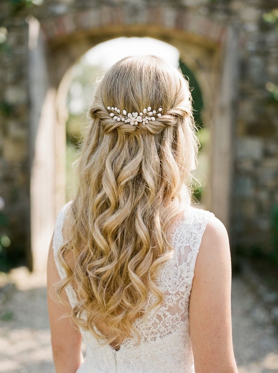 Half-Up Locken mit gedrehten Seitenpartien - Locken Frisuren Hochzeit
